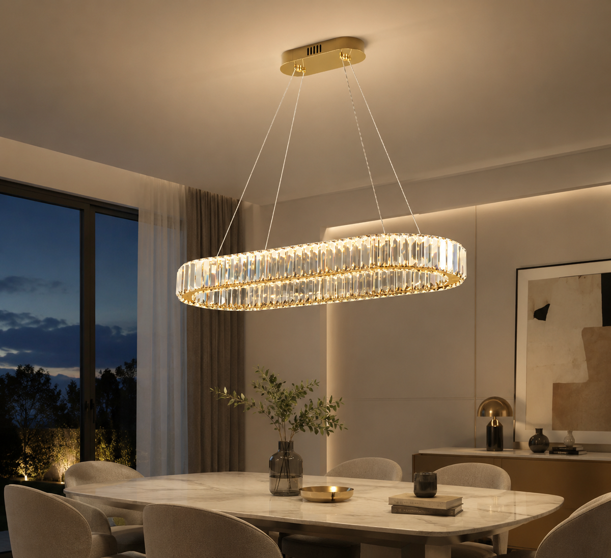 Lustre Ovale en Cristal – Élégance Dorée Moderne