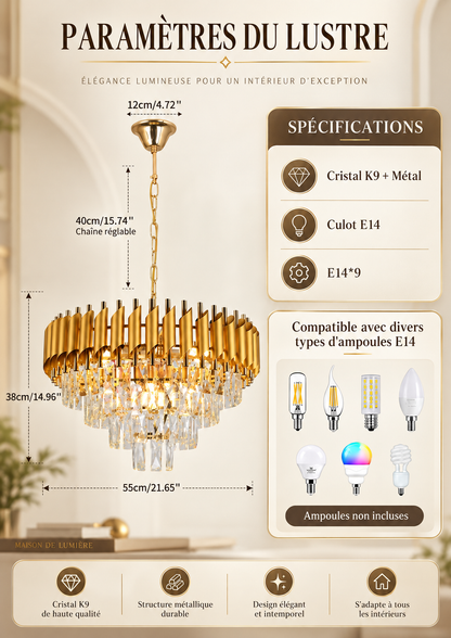 Lustre suspendu de haut de gamme en cristal doré