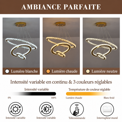 Lustre LED Prestige en Cristal – Anneaux Dorés Inox