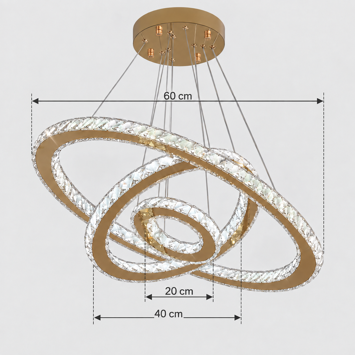Lustre LED Prestige en Cristal – Anneaux Dorés Inox