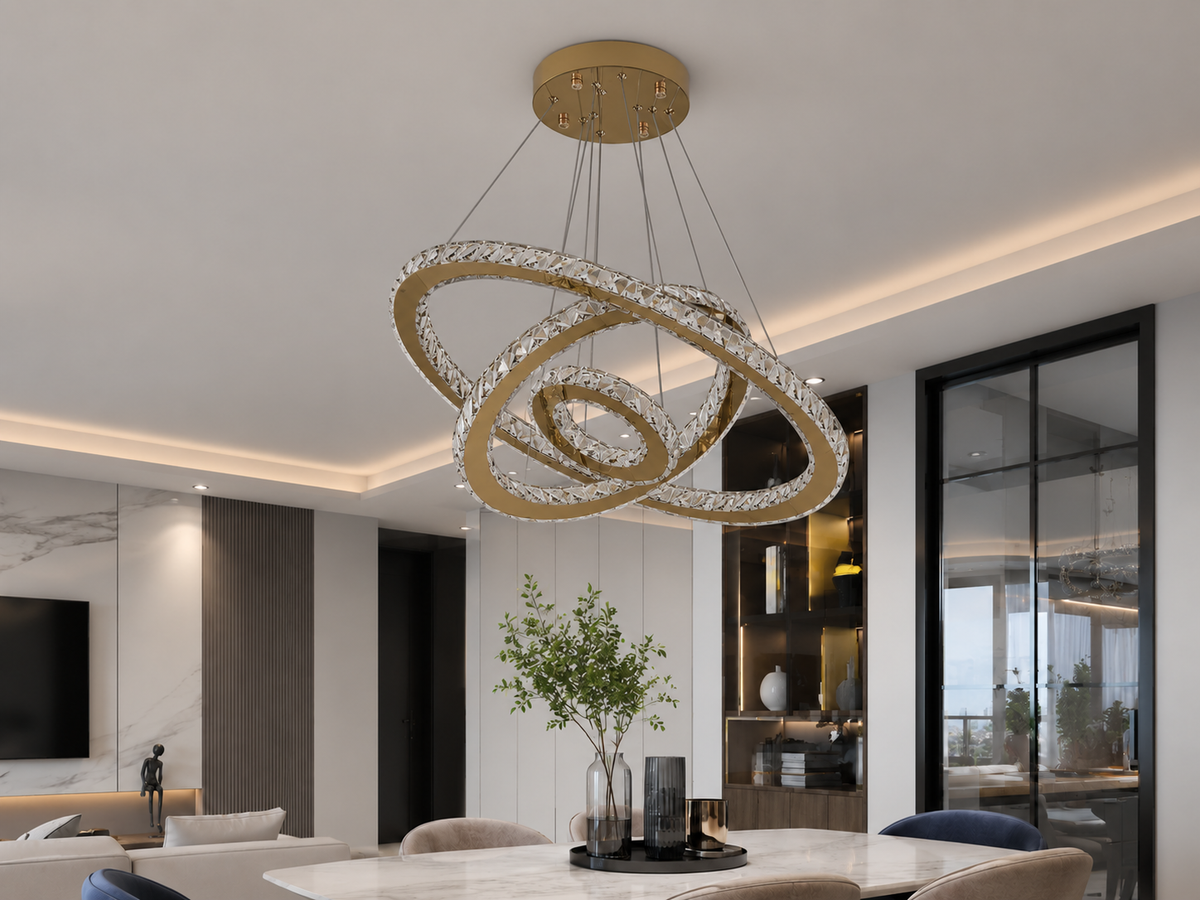 Lustre LED Prestige en Cristal – Anneaux Dorés Inox