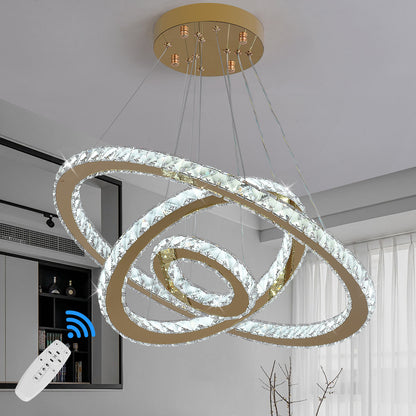 Lustre LED Prestige en Cristal – Anneaux Dorés Inox