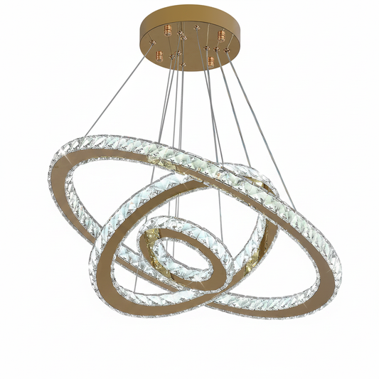 Lustre LED Prestige en Cristal – Anneaux Dorés Inox